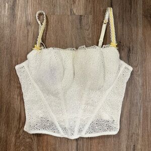 Victoria Secret Corset Top Women’s Large 38 D White Eyelet Yellow Ribbon Boning